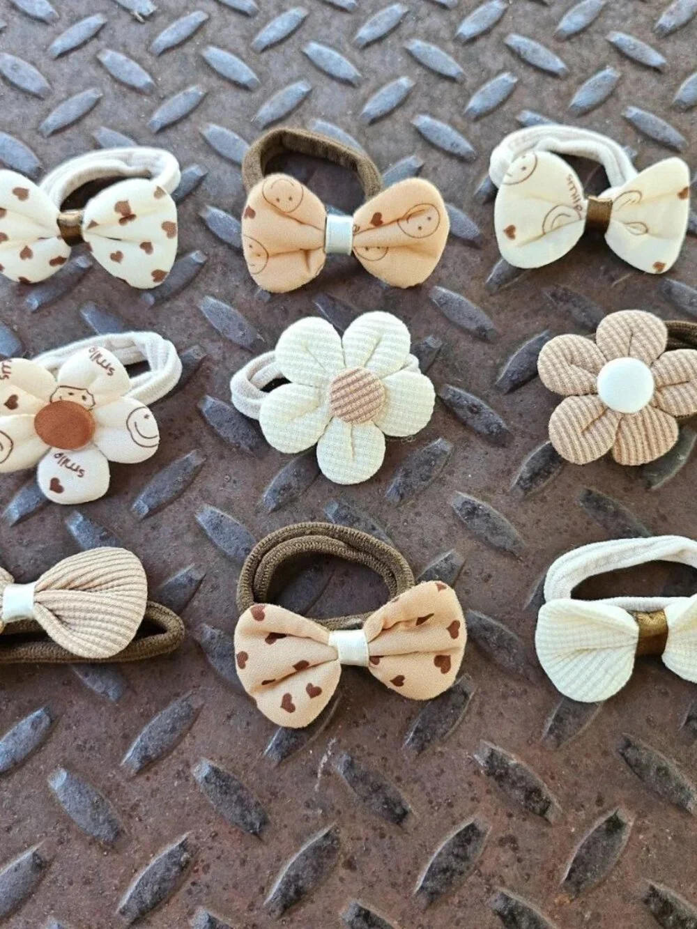 Girl Hair Ties Brown/Tan/Beige Tone Hair Accessories Flower Bow Style set of 9
